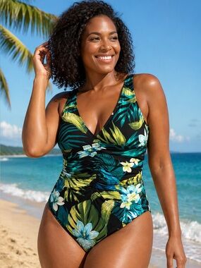 Coco Contours Clarity Midnight Plumeria One Piece Swimsuit NWT Size 14/38C